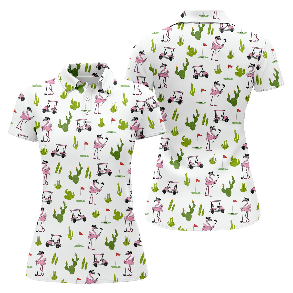 Pink Flamingo Golf Cart Cactus Hawaiian Golf Shirt, Women’s Golf Polo, Performance Golf Shirt