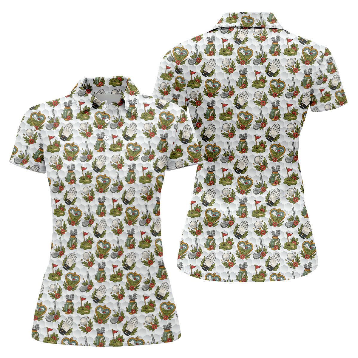 Floral Golf Club Pattern White Hawaiian Golf Shirt, Women's Golf Tops, Golf Polo For Women