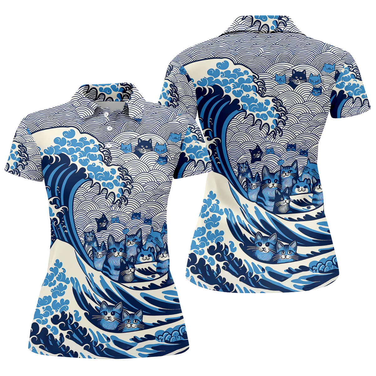 Japanese Wave Cat Hawaiian Golf Shirt, Golf Shirts For Women, Women’s Golf Apparel