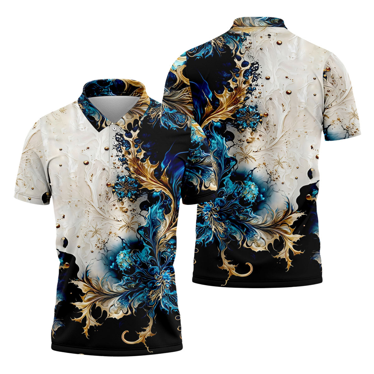 Metallic Flower Fractal Art Hawaiian Golf Shirt, Retro Golf Shirt, Polo Shirts For Men