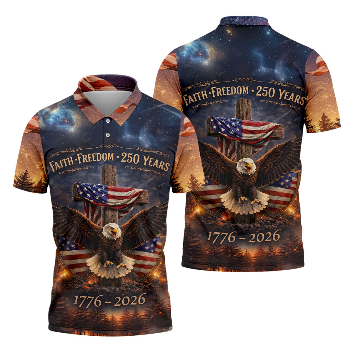 Faith Freedom 250 Years Galaxy Pattern US Flag Golf Shirt, Patriotic 4th Of July Golf Shirts For Men