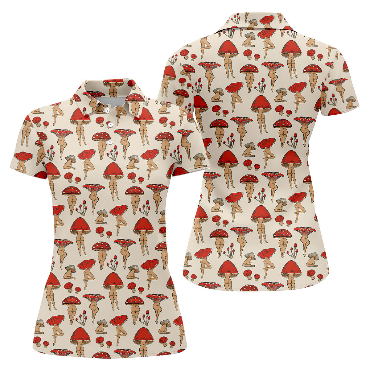 Vintage Mushroom Pin Up Pattern Hawaiian Golf Shirt, Ladies Golf Shirt, Women’s Golf Apparel