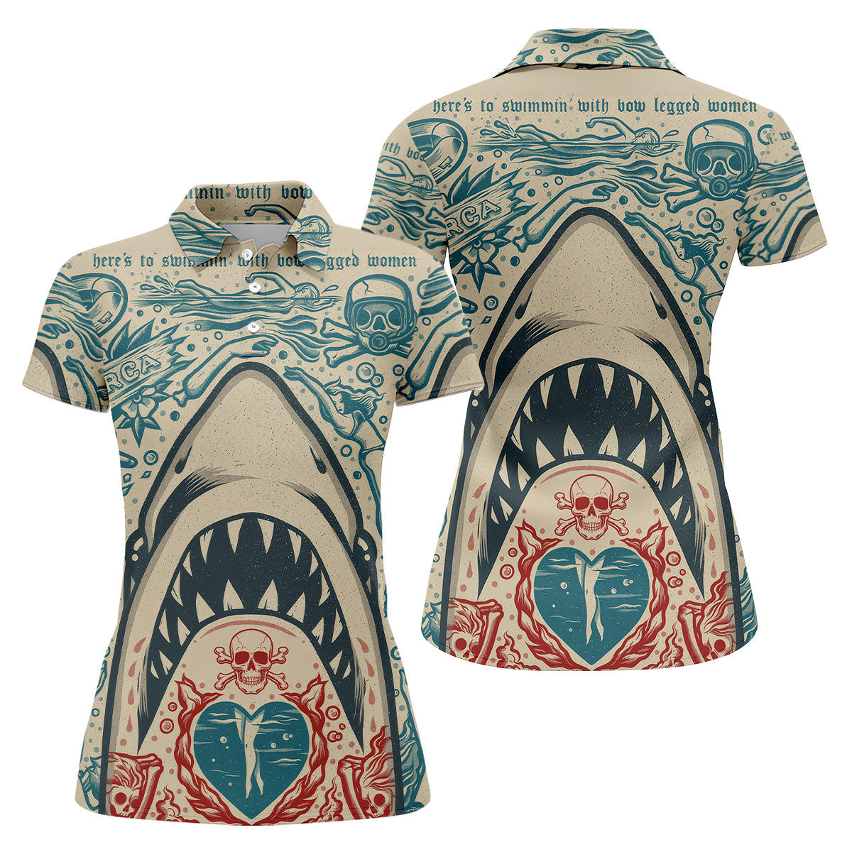 Vintage Shark Jaw Tattoo Art Golf Polo Shirt, Golf Shirts For Women, Women's Golf Apparel