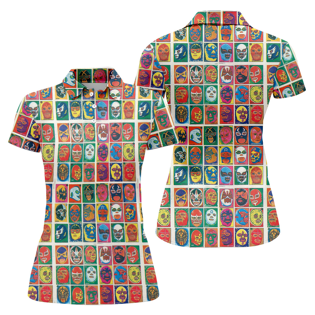 Lucha Libre Mask Grid Pattern Ladies Golf Tops, Cinco De Mayo Celebration Golf Shirt For Women