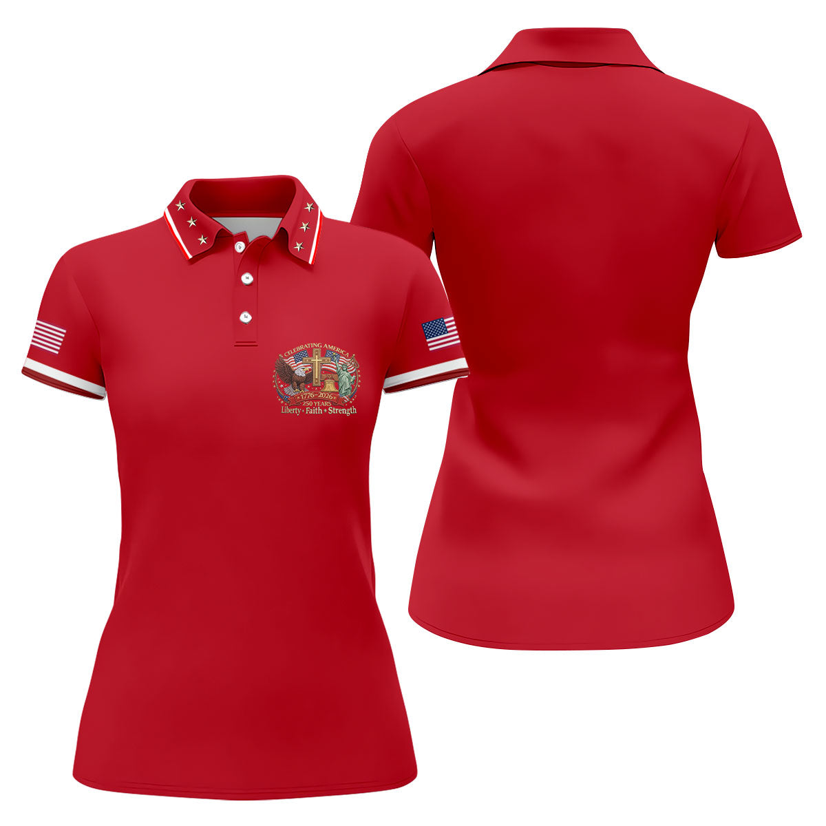 Liberty Faith Strength Faith Cross USA 250 Red Golf Shirt, 4th Of July Golf Shirt For Women