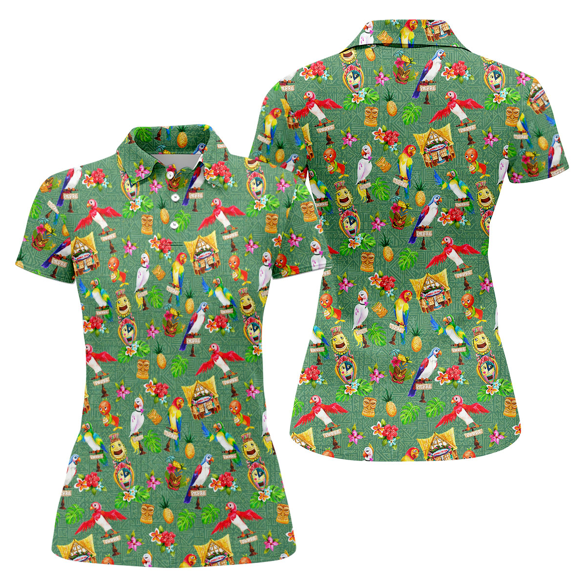Tropical Tiki Parrot Island Hawaiian Golf Polo Shirt, Women's Golf Polo, Performance Golf Shirt