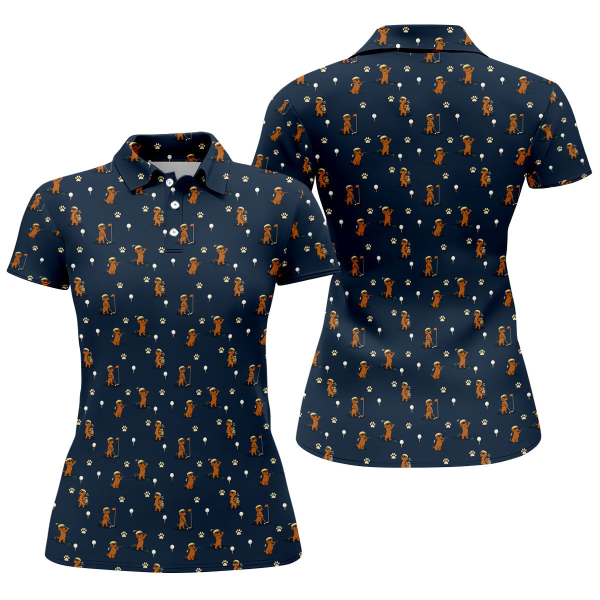 Cartoon Dachshund Golfer Pattern Golf Polo Shirt, Golf Tops For Women, Printed Golf Shirt
