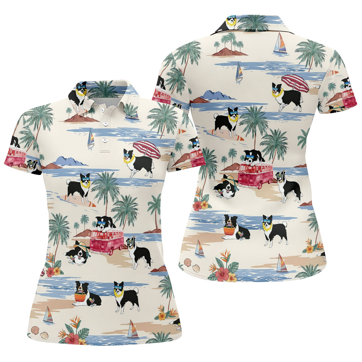 Tropical Border Collie Beach Hawaiian Golf Polo Shirt, Ladies Golf Shirt, Womens Golf Tops