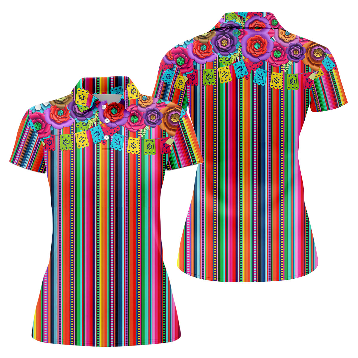 Mexican Serape Pattern Ladies Golf Tops, Cinco De Mayo Celebration Golf Shirt For Women