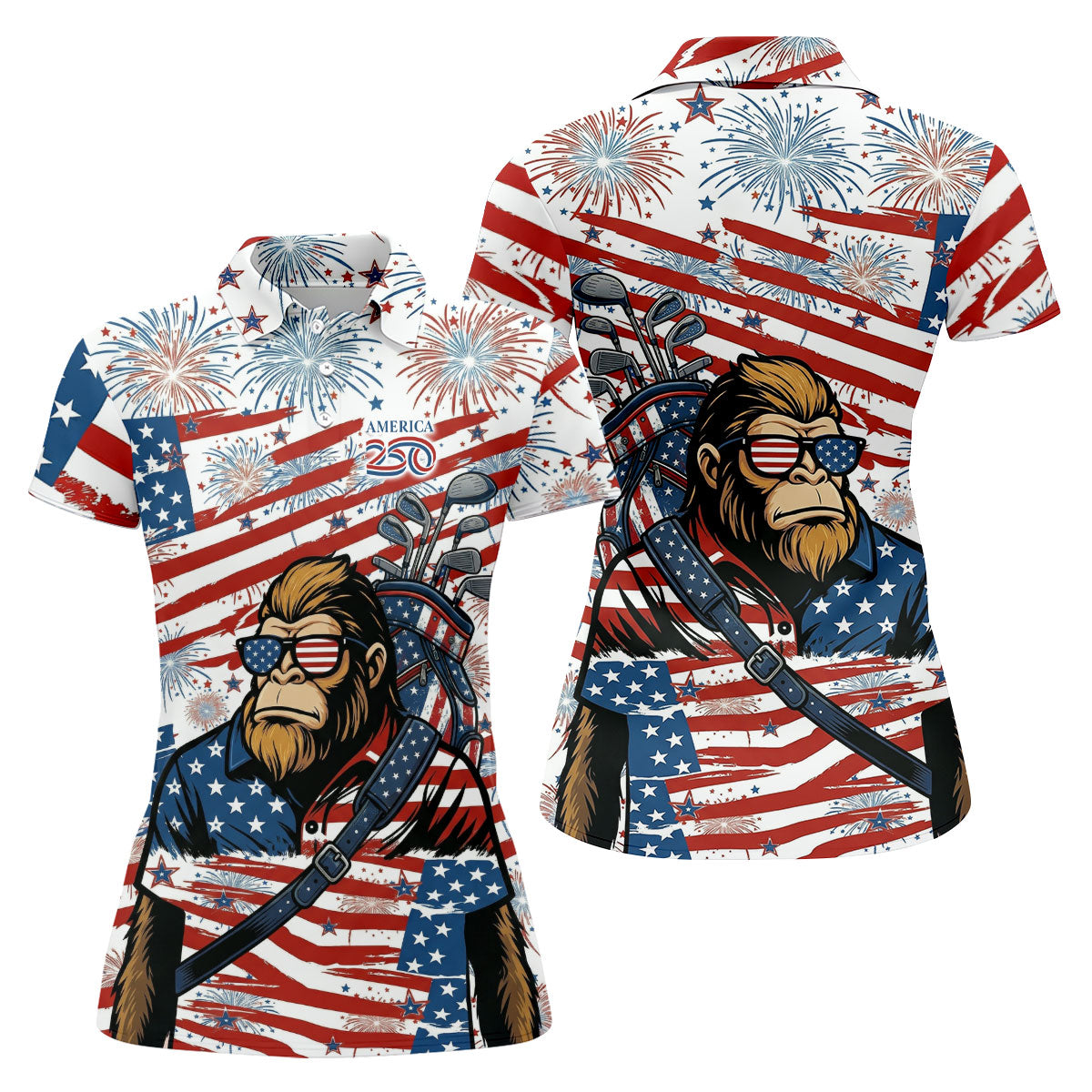 Red White Blue Stars And Stripes 250 Years Bigfoot Golf Shirt, Patriotic 4th Of July Golf Shirt For Women