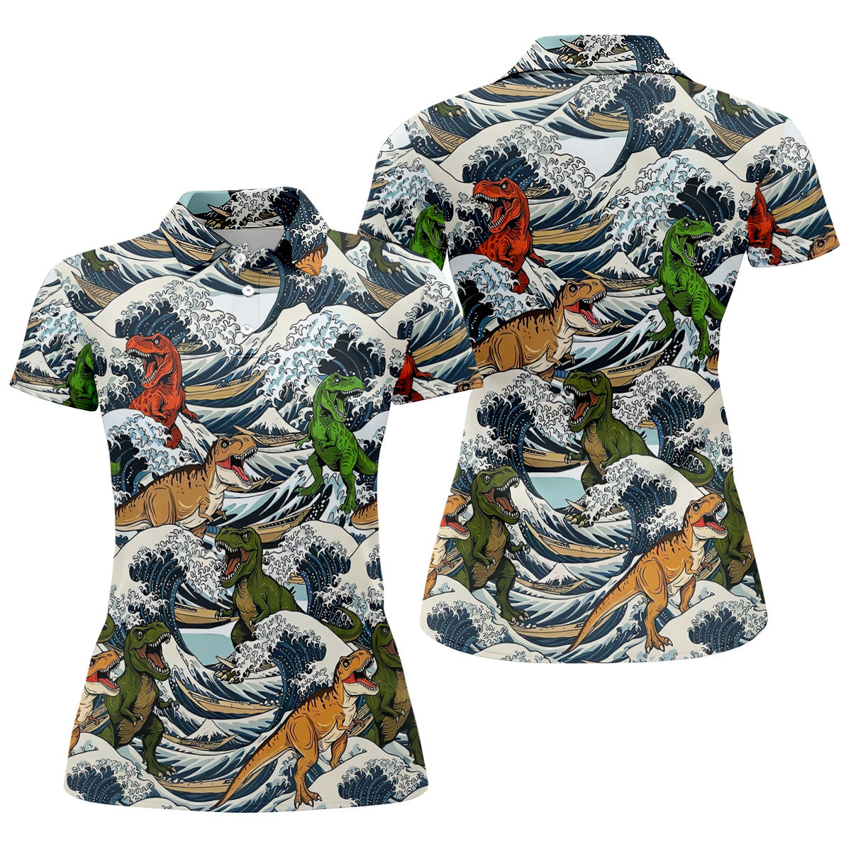 T Rex Surfing Great Wave Golf Polo Shirt, Women's Golf Polo, Golf Shirts For Women