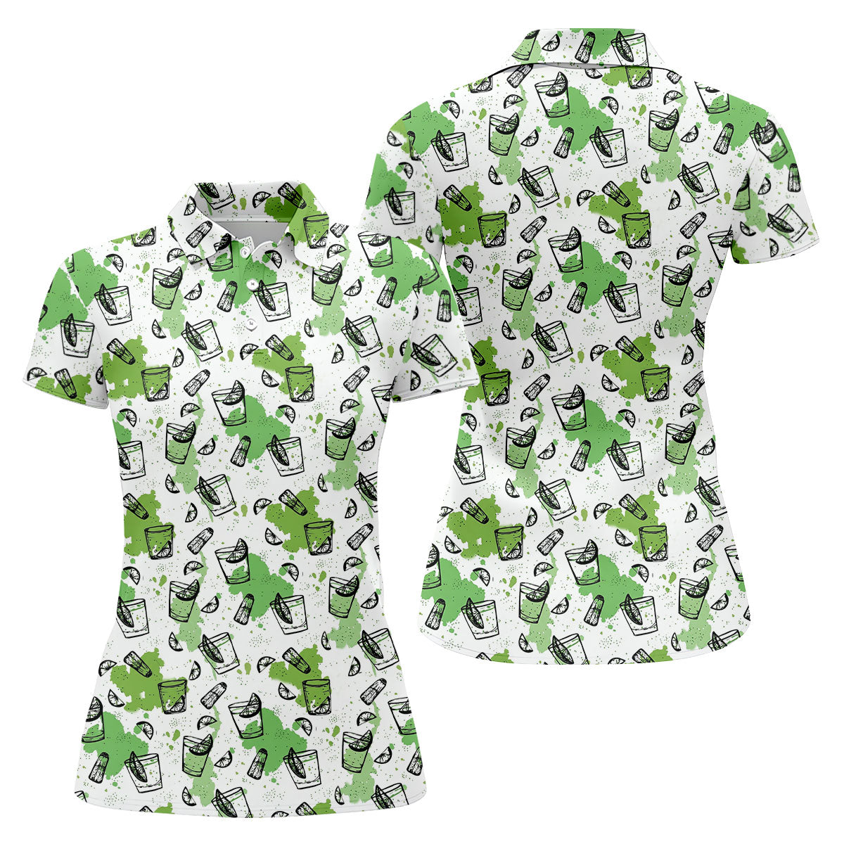 Green Cocktail Splash Pattern Golf Shirt, Ladies Golf Top, Hawaiian Golf Shirt, Women’s Golf Apparel