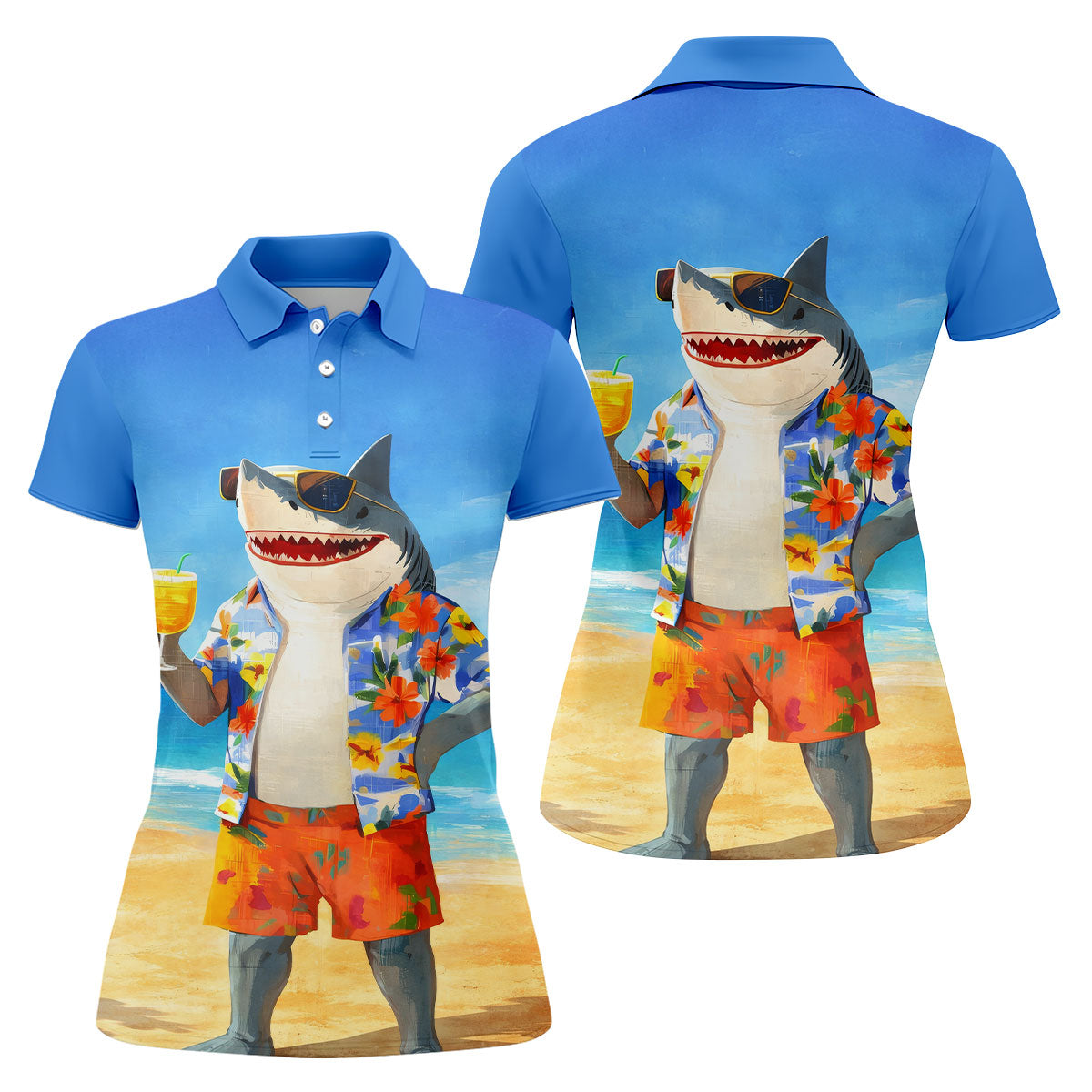 Funny Shark On Tropical Beach Vacation Golf Polo Shirt, Golf Shirts For Women, Women's Golf Apparel