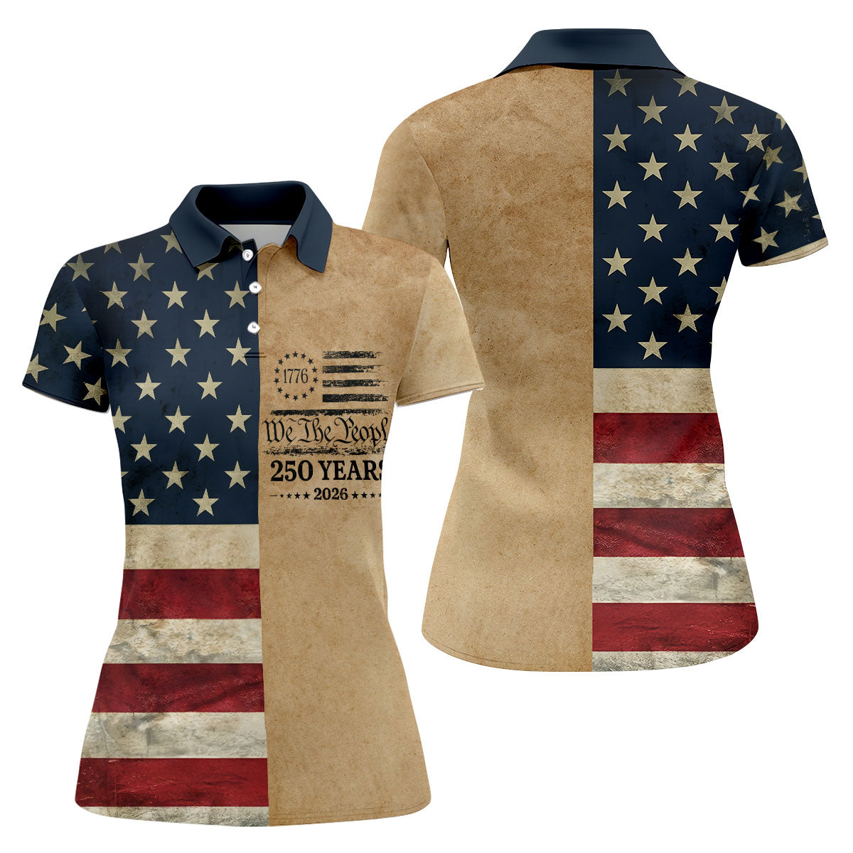 We The People 250 Years US Flag Pattern Patriotic Golf Shirt, 4th Of July Golf Shirt For Women