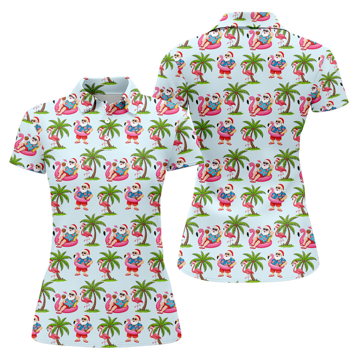 Flamingo Float Santa Christmas Golf Shirt, Women's Golf Tops, Hawaiian Golf Shirt, Golf Shirts For Women