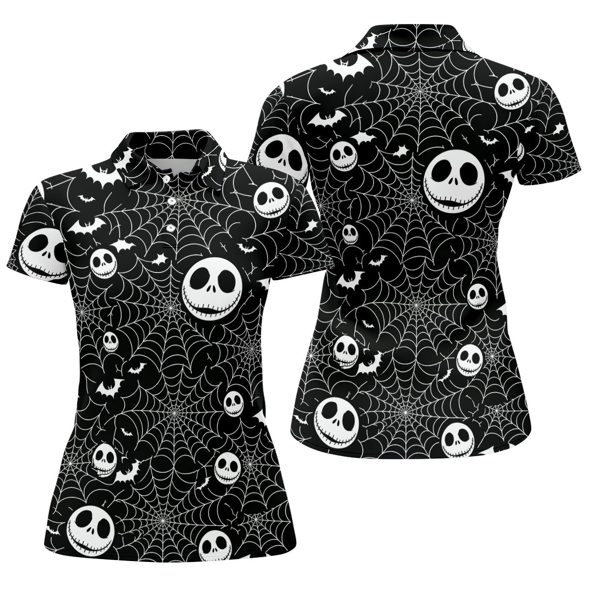 Black Horror Character Spider Web Pattern Golf Polo Shirt, Women's Golf Polo, Ladies Golf Shirts