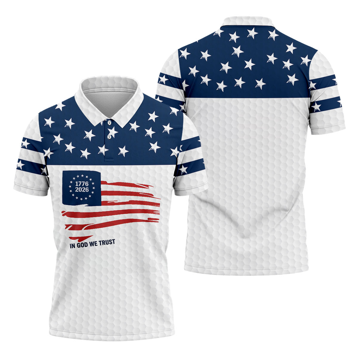 In God We Trust Golf Ball Pattern US Flag Golf Shirt, 250 Years 4th Of July Golf Shirts For Men
