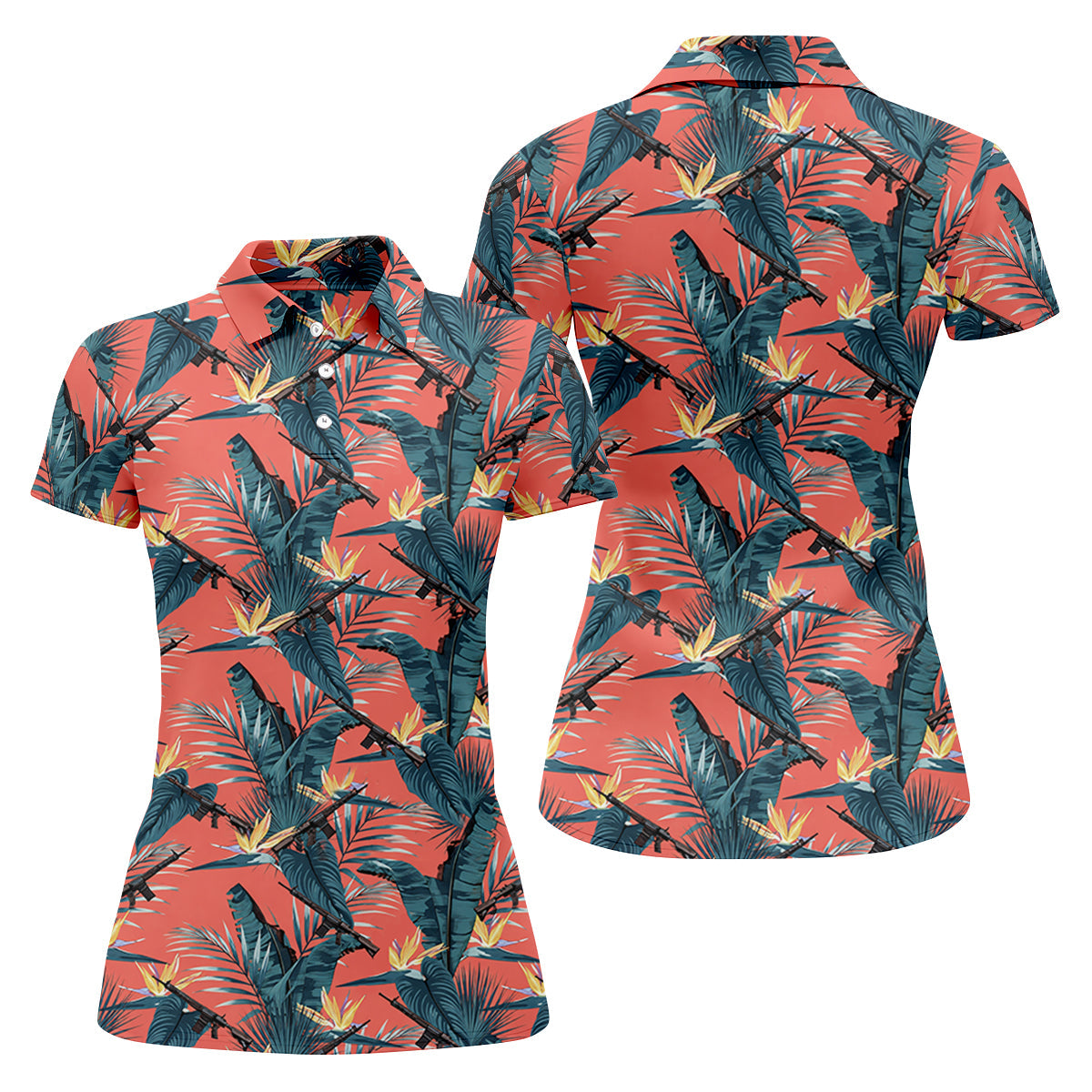 Tropical Palm Leaf And Rifle Pattern Coral Golf Polo, Women’s Golf Apparel, Performance Golf Shirt