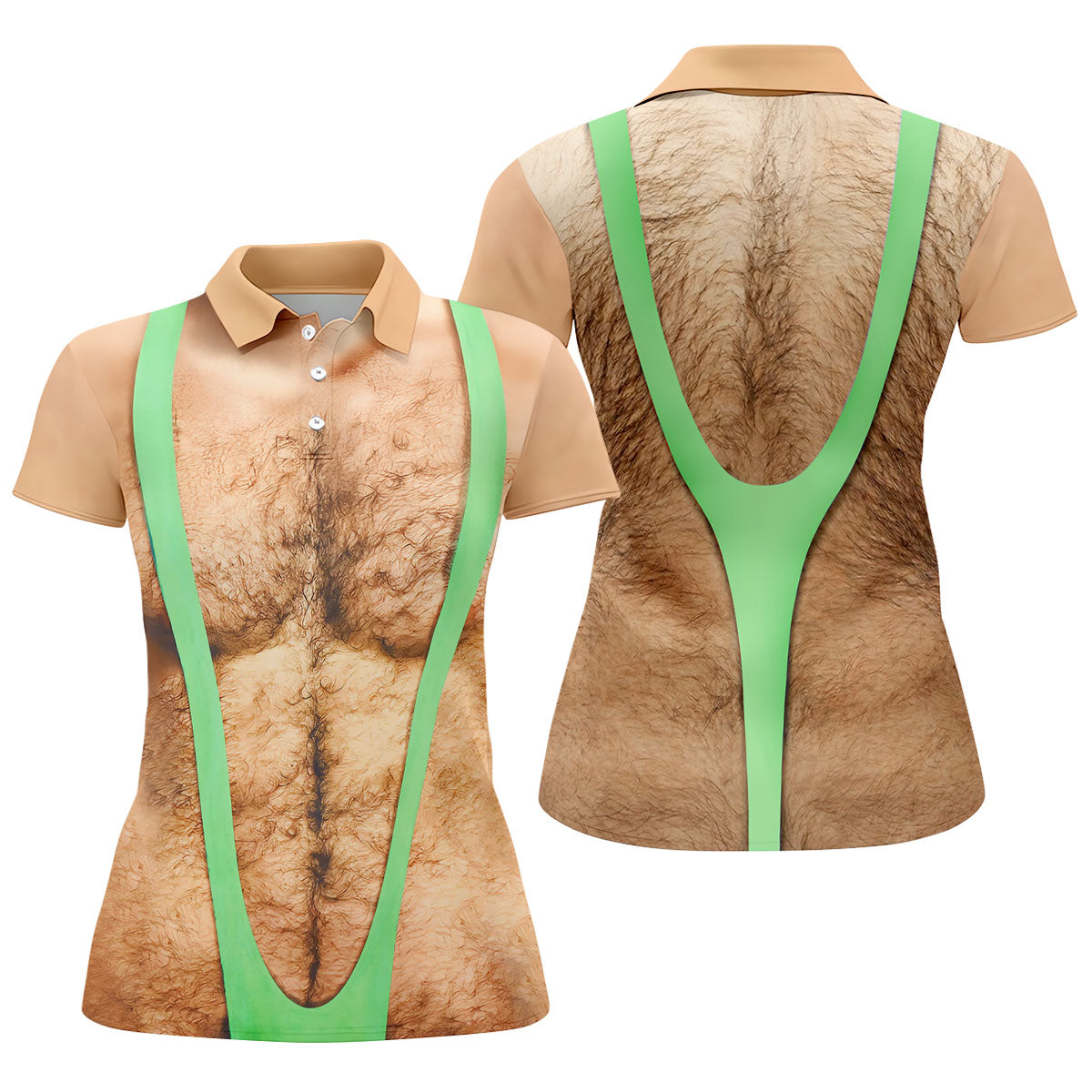 Funny Hairy Chest Illusion Golf Polo Shirt, Women's Golf Tops, Printed Golf Shirt