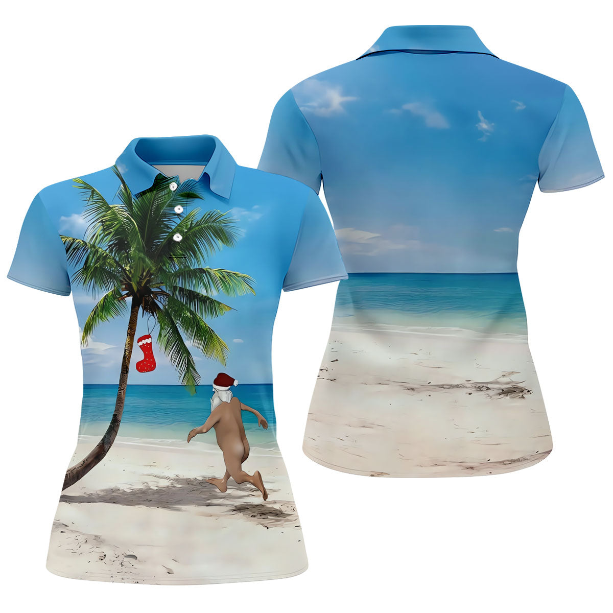 Funny Santa Running On Tropical Beach Christmas Golf Shirt, Women's Golf Tops, Golf Shirts For Women