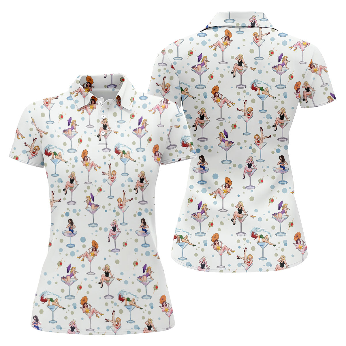 Retro Pin Up Martini Cocktail Hawaiian Golf Shirt, Ladies Golf Shirts, Performance Golf Shirt