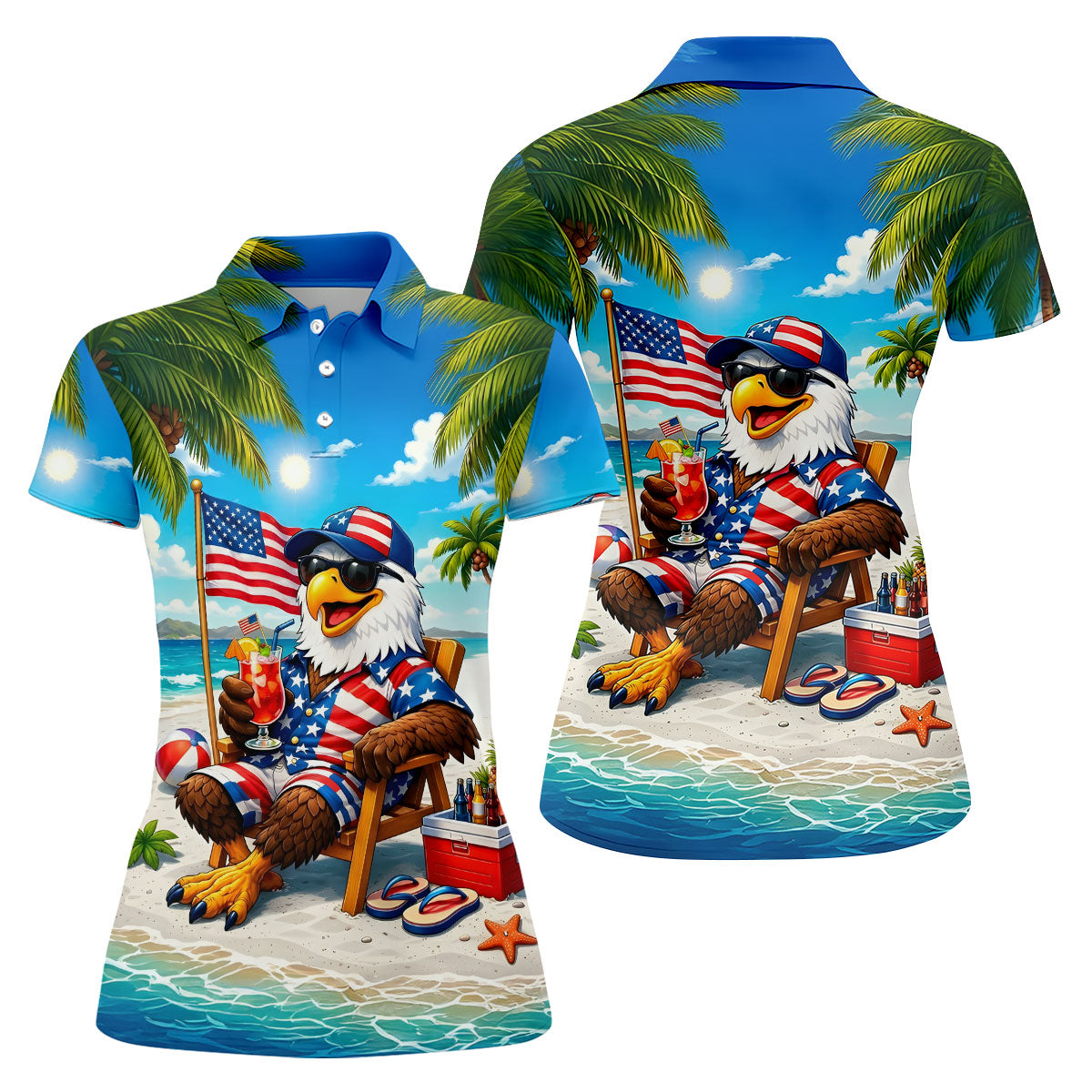 Funny Bald Eagle US Flag Pattern Hawaiian Golf Shirt, 250 Years Patriotic 4th Of July Golf Shirt For Women