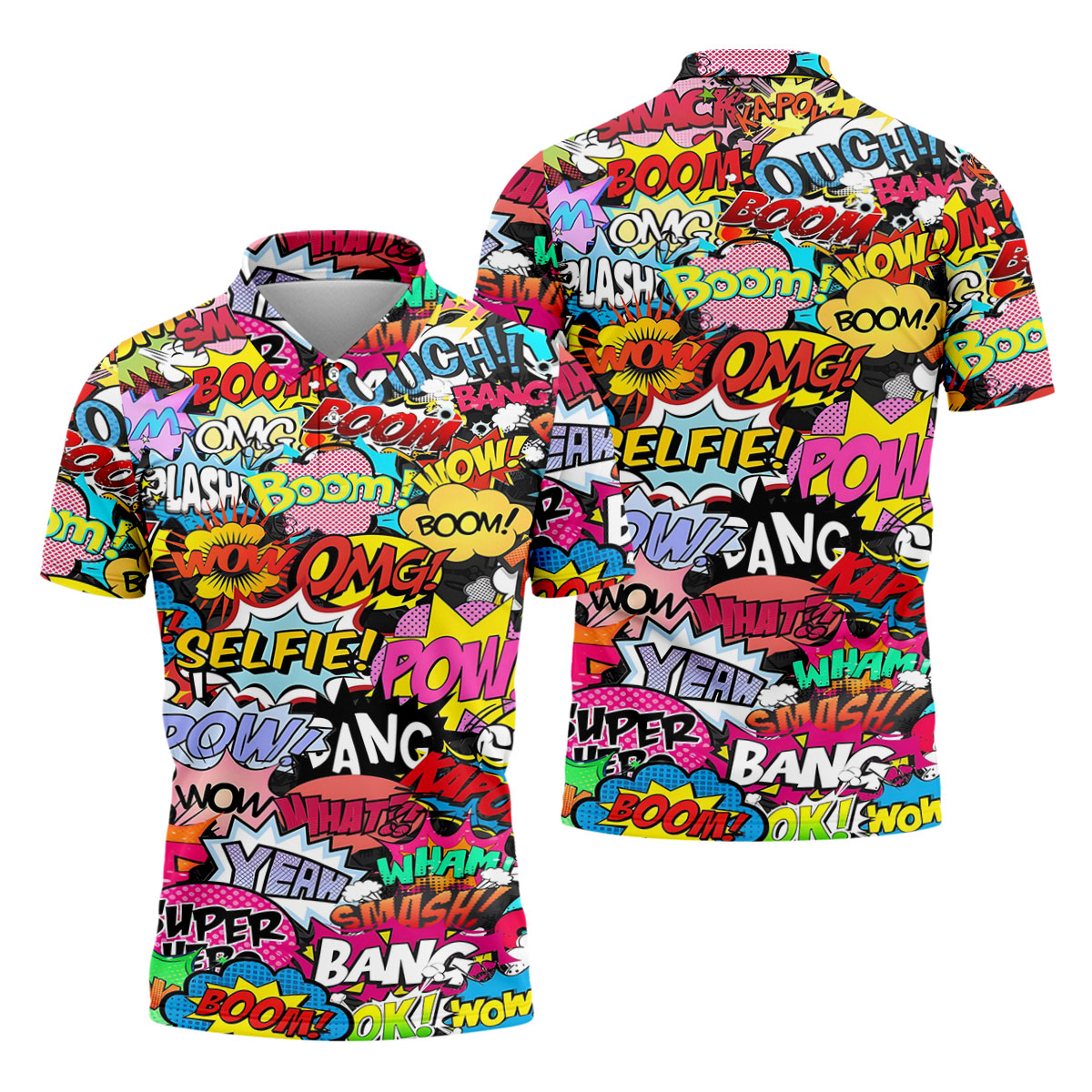 Comic Pop Art Golf Shirt, Retro Speech Bubble Pattern, Polo Shirts For Men