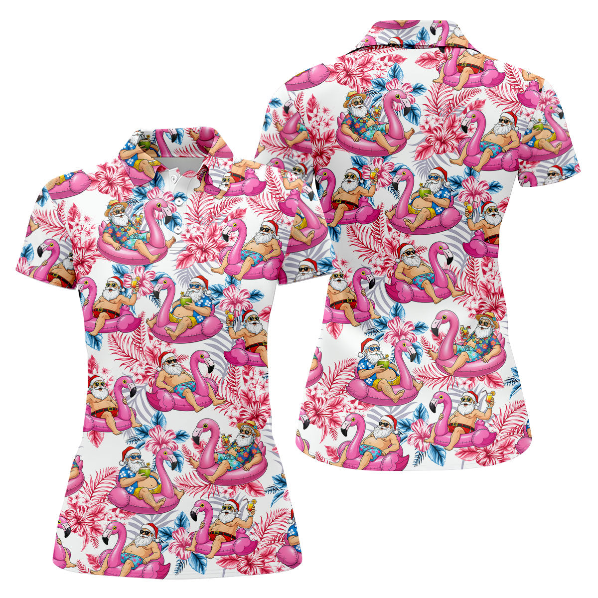 Santa Flamingo Float Tropical Christmas Golf Shirt, Christmas Shirts For Women, Christmas Golf Shirt