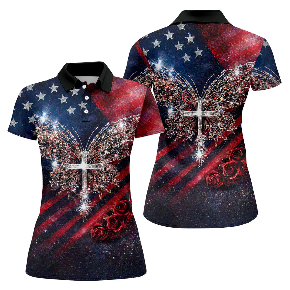 Vintage Faith Rhinestone Butterfly American Flag Golf Shirt, 250 Years Patriotic 4th Of July Golf Shirt For Women
