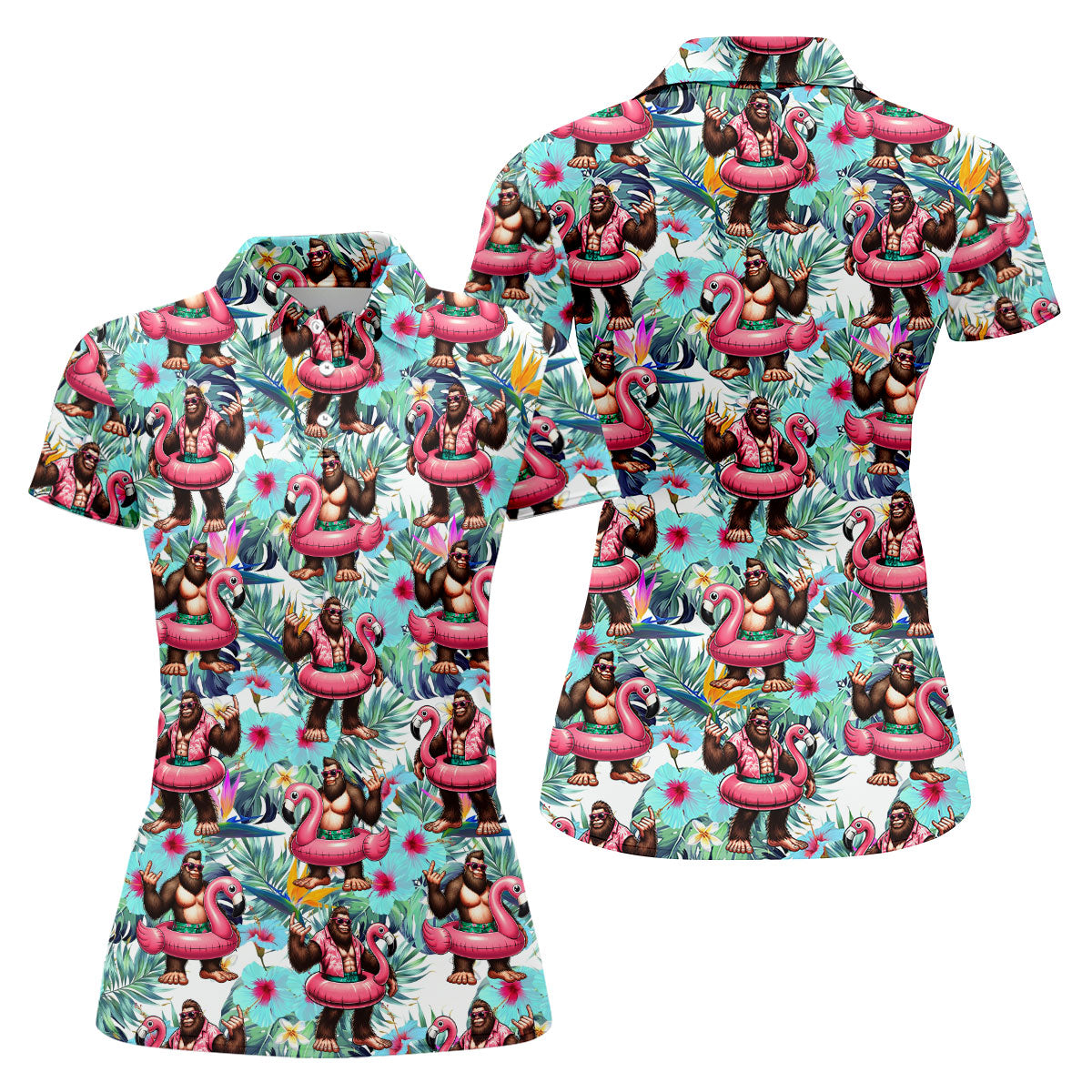 Funny Bigfoot Flamingo Float Tropical Golf Polo Shirt, Women's Golf Tops, Golf Polo For Women