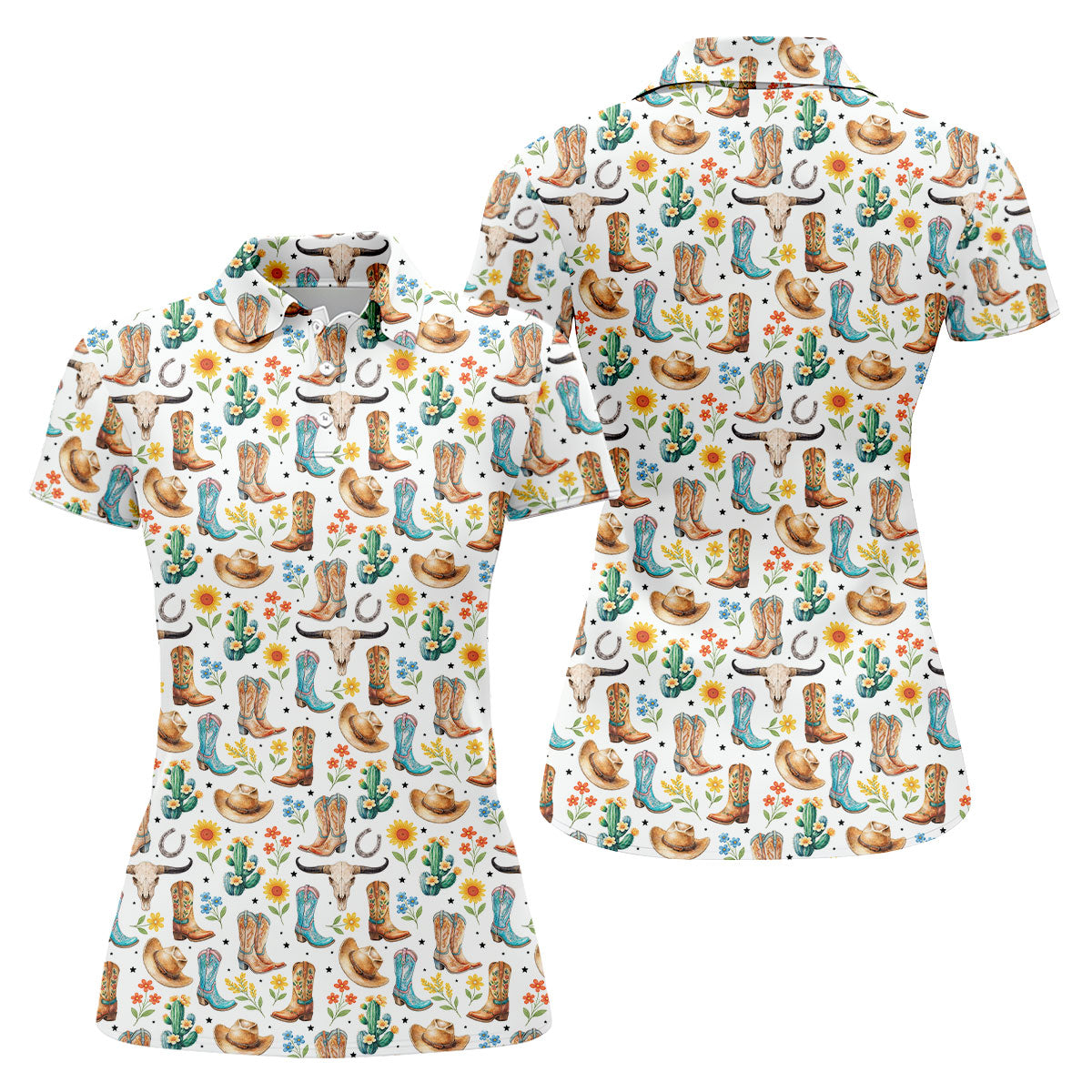 Western Cowboy Boots Floral Pattern Golf Shirt, Women’s Golf Apparel, Golf Shirts For Women