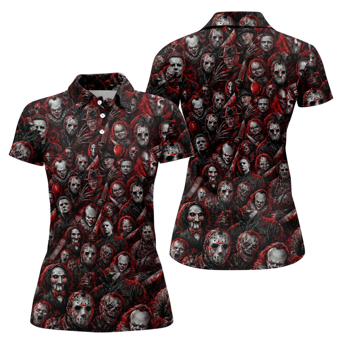 Red Horror Character Clown Collage Golf Polo Shirt, Womens Golf Tops, Ladies Golf Shirts