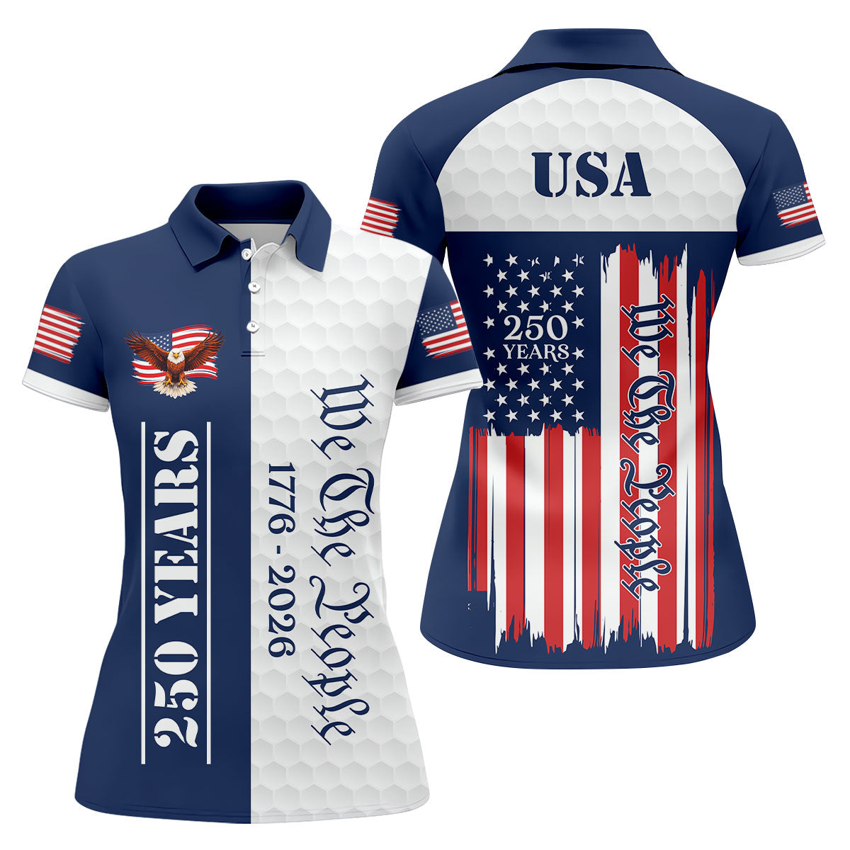 We The People Bald Eagle US Flag Golf Ball Pattern 250 Years Patriotic 4th Of July Golf Shirt For Women