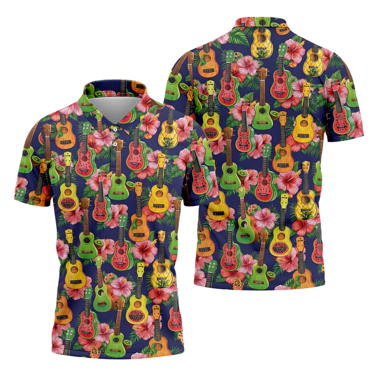 Tropical Ukulele Fruit Pattern 250 Retro Golf Shirt, Hawaiian Vibe Golf Shirts For Men