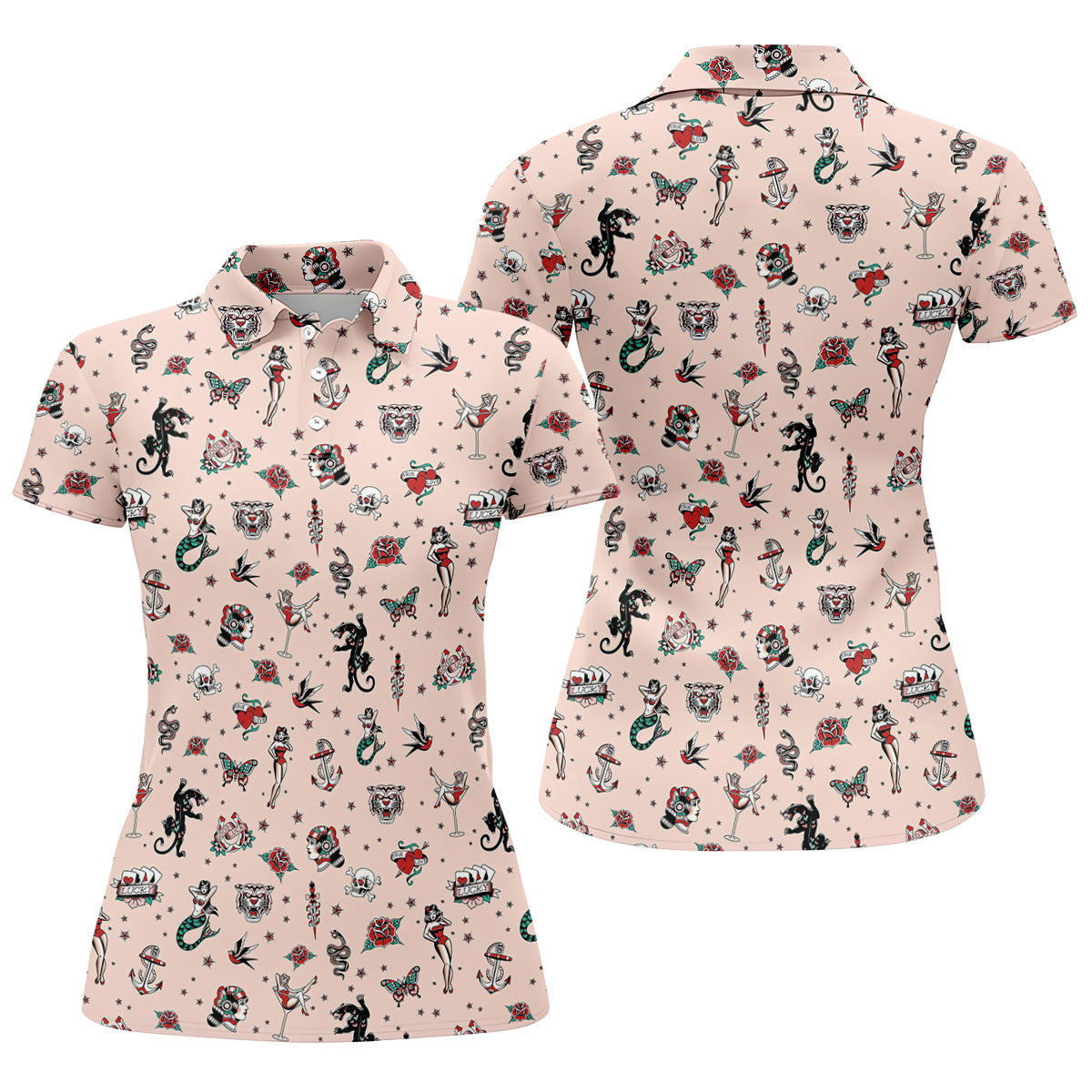 Vintage Tattoo Flash Icon Golf Polo Shirt, Golf Shirts For Women, Women's Golf Apparel