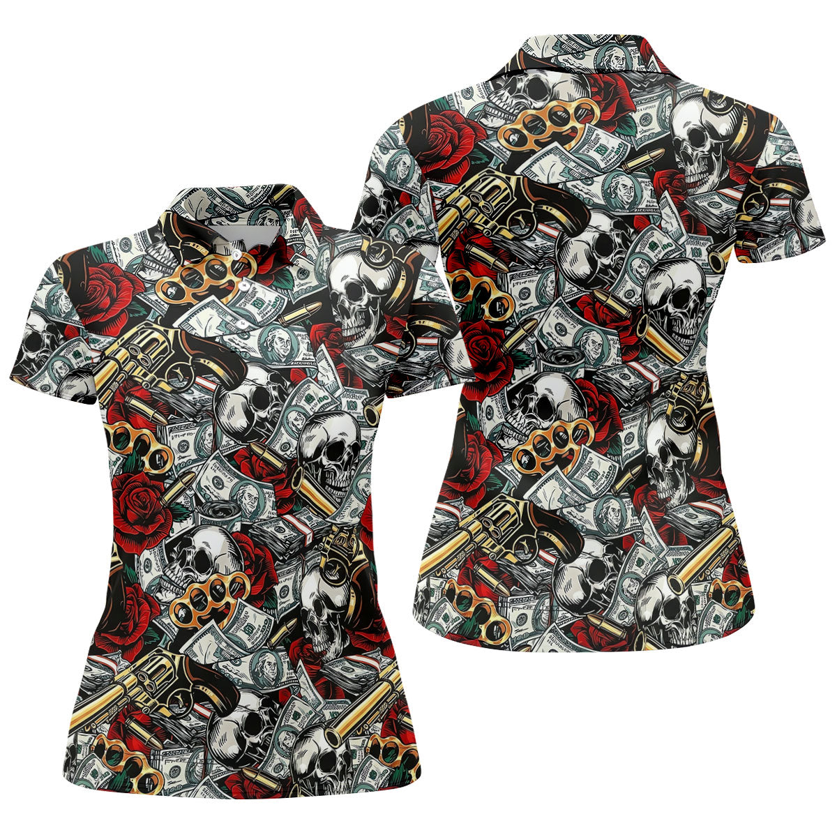 Black Skull Cash Rose Western Pattern Golf Polo Shirt, Ladies Golf Shirts, Women's Golf Apparel