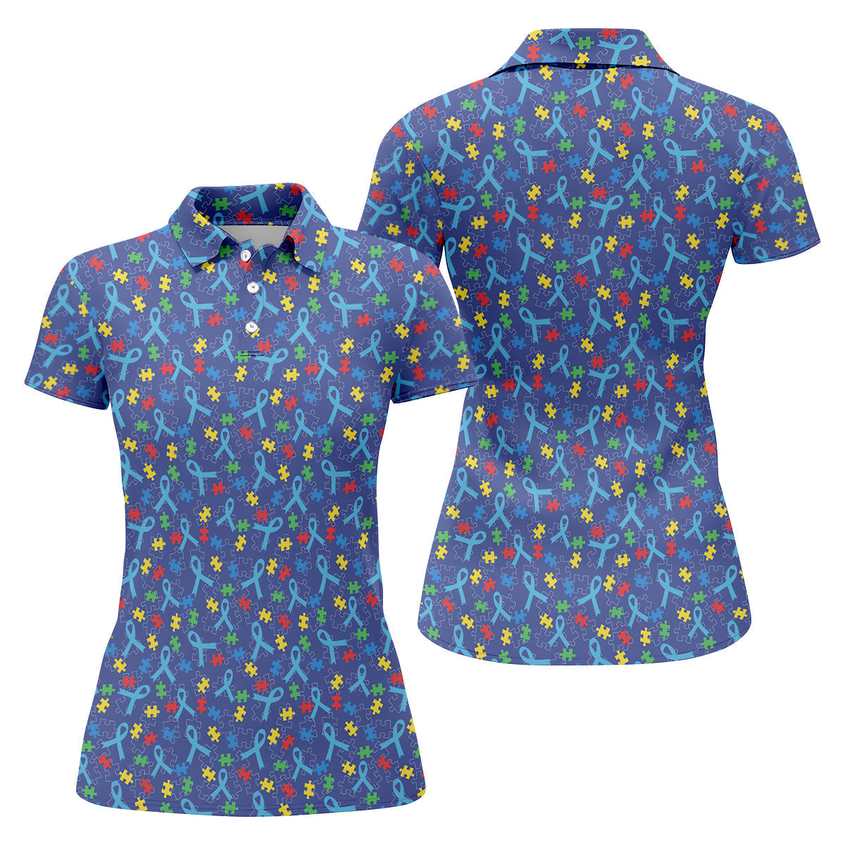 Autism Puzzle Ribbon Pattern Women's Golf Tops, Autism Awareness Color Ladies Golf Polos