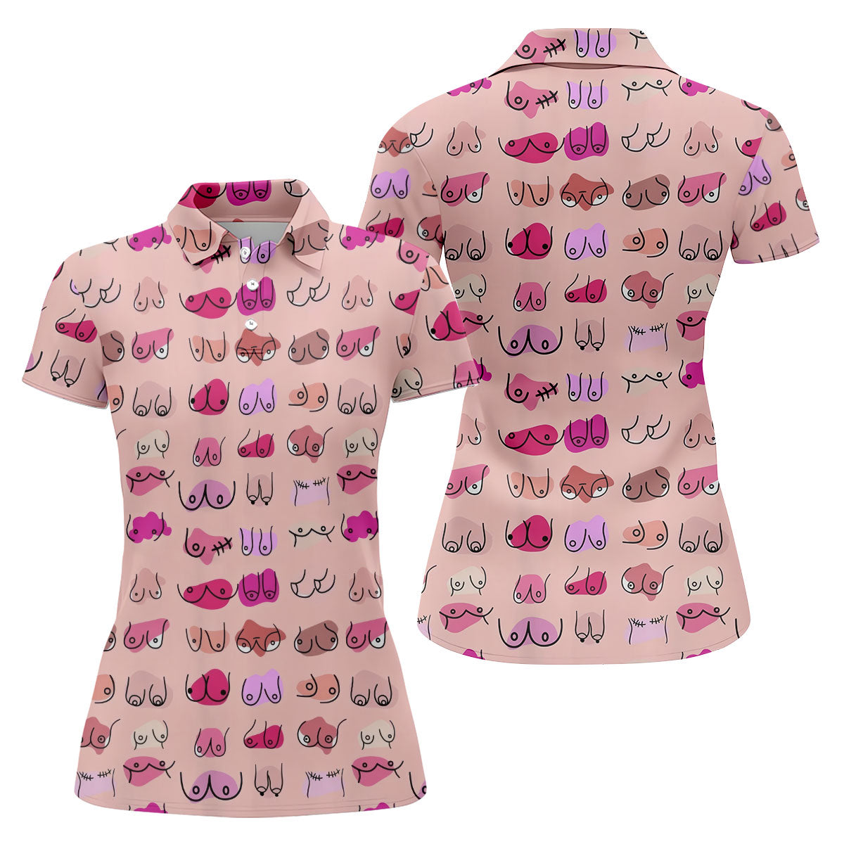 Pink Funny Boob Pattern Golf Polo Shirt, Women's Golf Tops, Golf Polo For Women
