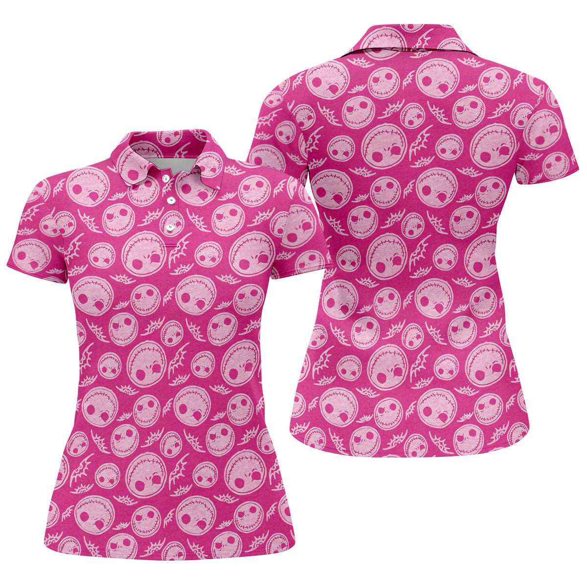 Pink Stitched Skull Halloween Golf Polo Shirt, Golf Tops For Women, Printed Golf Shirt