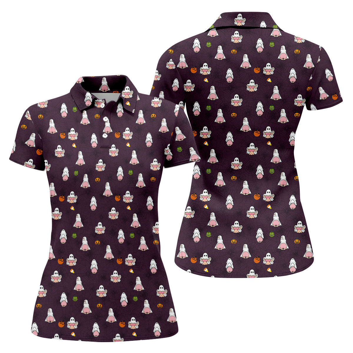 Cute Ghost Butt Halloween Pattern Golf Polo Shirt, Womens Golf Tops, Ladies Golf Shirts