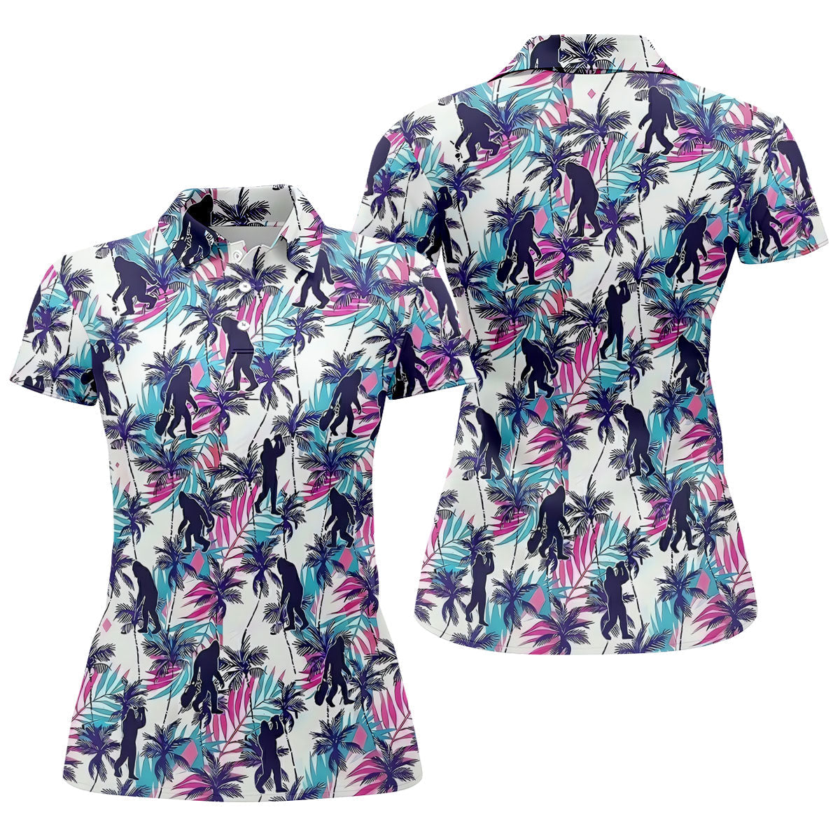 Funny Bigfoot Golfer Tropical Palm Pattern Polo Shirt, Golf Shirts For Women, Ladies Golf Shirts