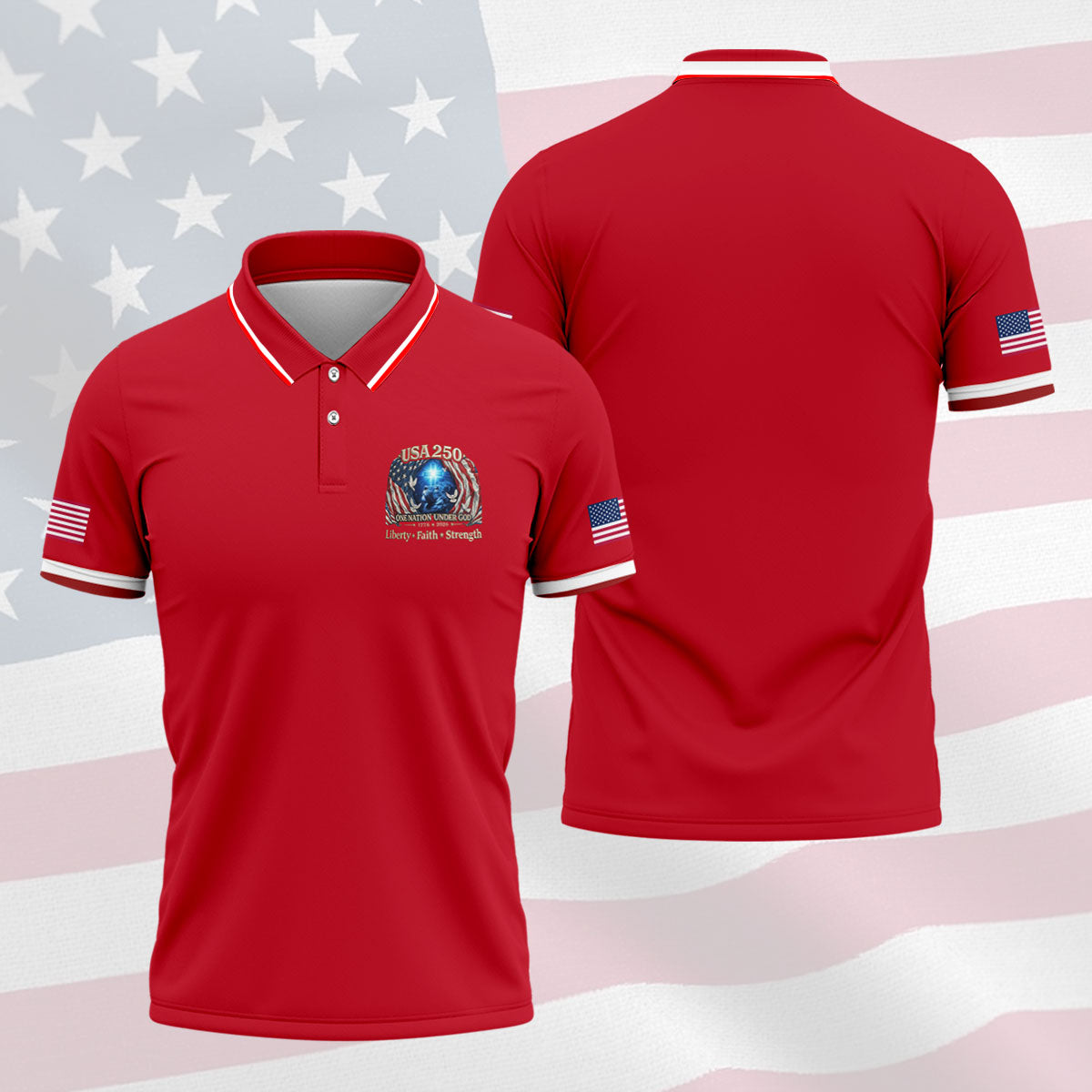 One Nation Under God Faith Cross USA 250 Logo Red Golf Shirt, 4th Of July Golf Shirts For Men