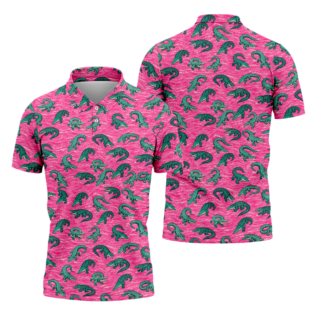 Alligator Pattern Golf Shirt, Pink Gator Print Men's Golf Polo, Polo Shirts For Men