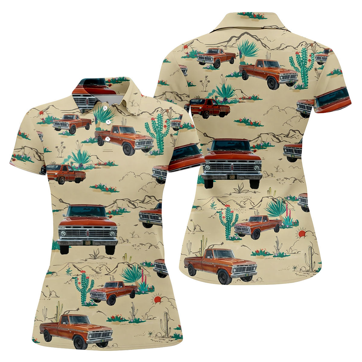 Personalized Pickup Truck Golf Shirt, Southwestern Desert Cactus Pattern, Golf Shirt For Women