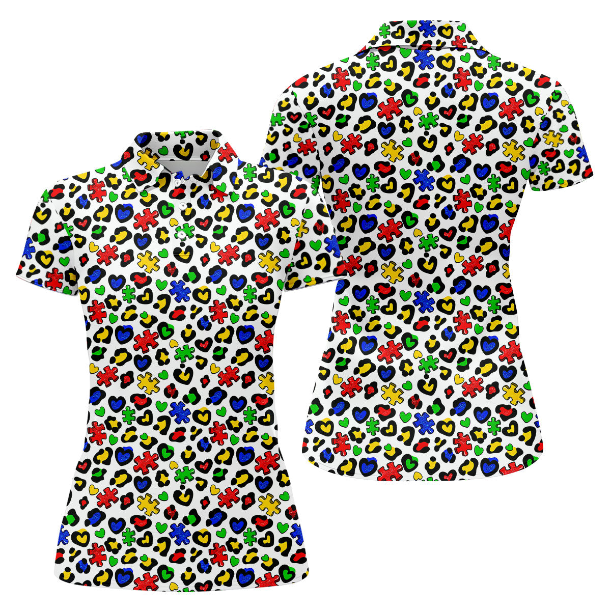 Autism Awareness Color Leopard Pattern White Golf Shirt, Women's Golf Tops, Ladies Golf Shirts, Ladies Golf Polos