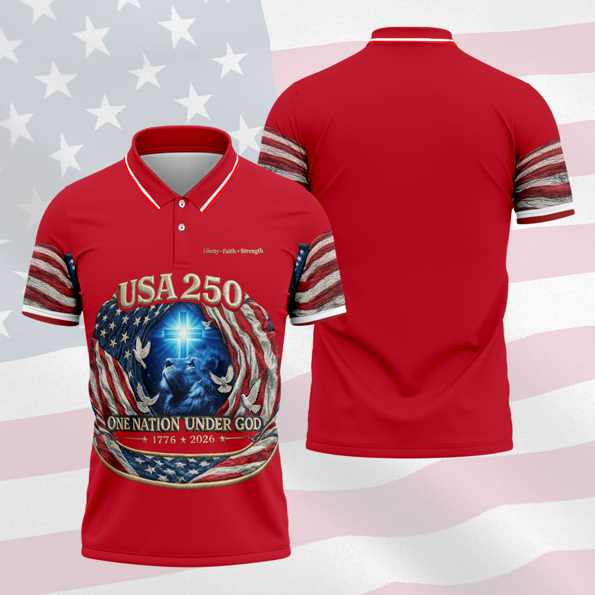 One Nation Under God Faith Cross USA 250 Red Golf Shirt, 4th Of July Golf Shirts For Men