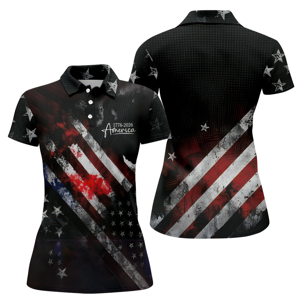 1776-2026 America Distressed Flag Black Golf Shirt, Patriotic 4th Of July Golf Shirt For Women