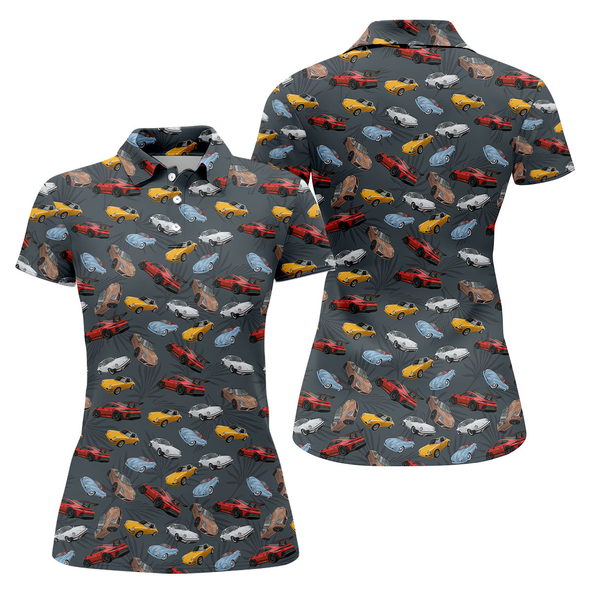 Charcoal Vintage Sports Car Pattern Golf Polo Shirt, Golf Shirts For Women, Women's Golf Polo