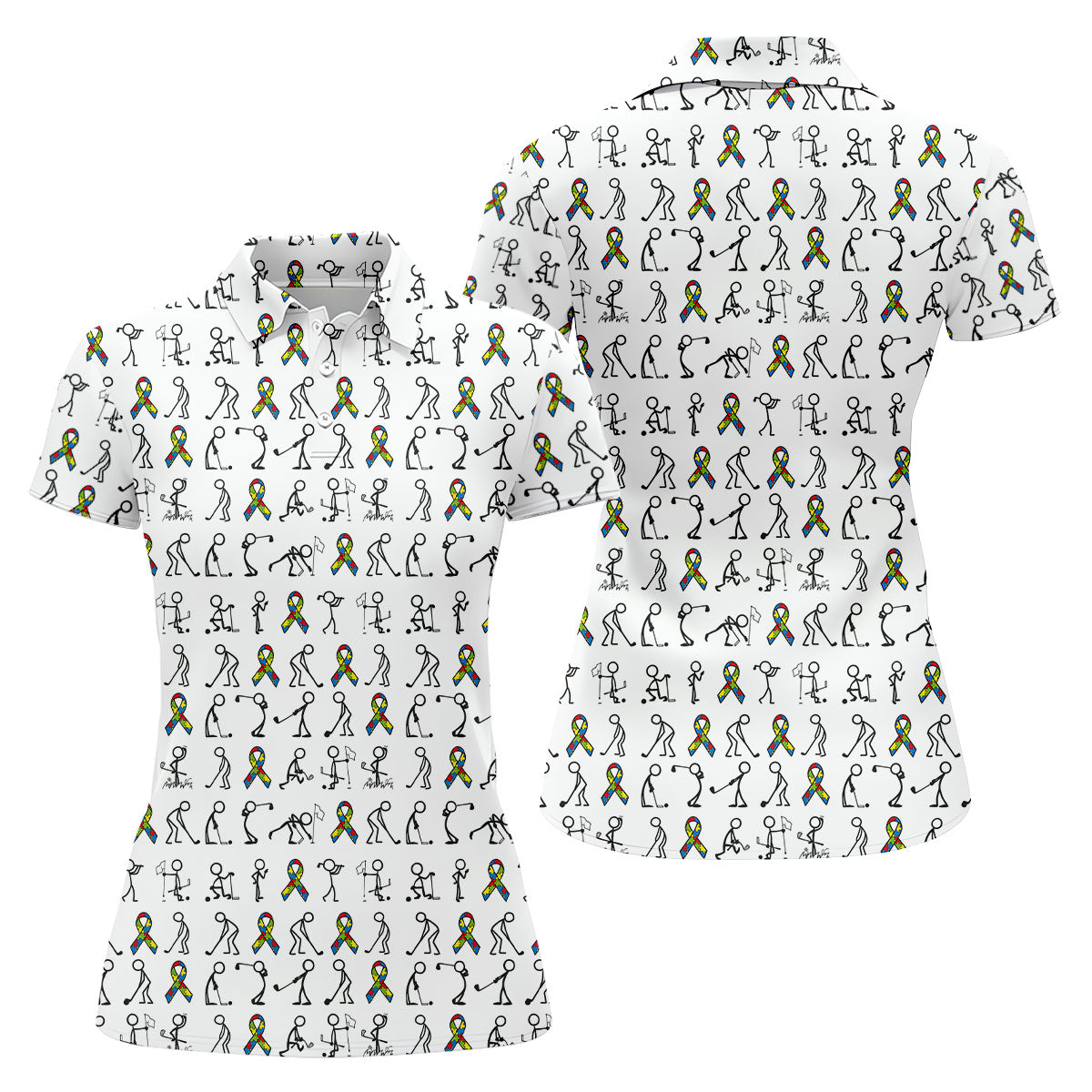 Stick Figure Golf Pose Autism Ribbon White Golf Shirt, Autism Awareness Colors Ladies Golf Polos
