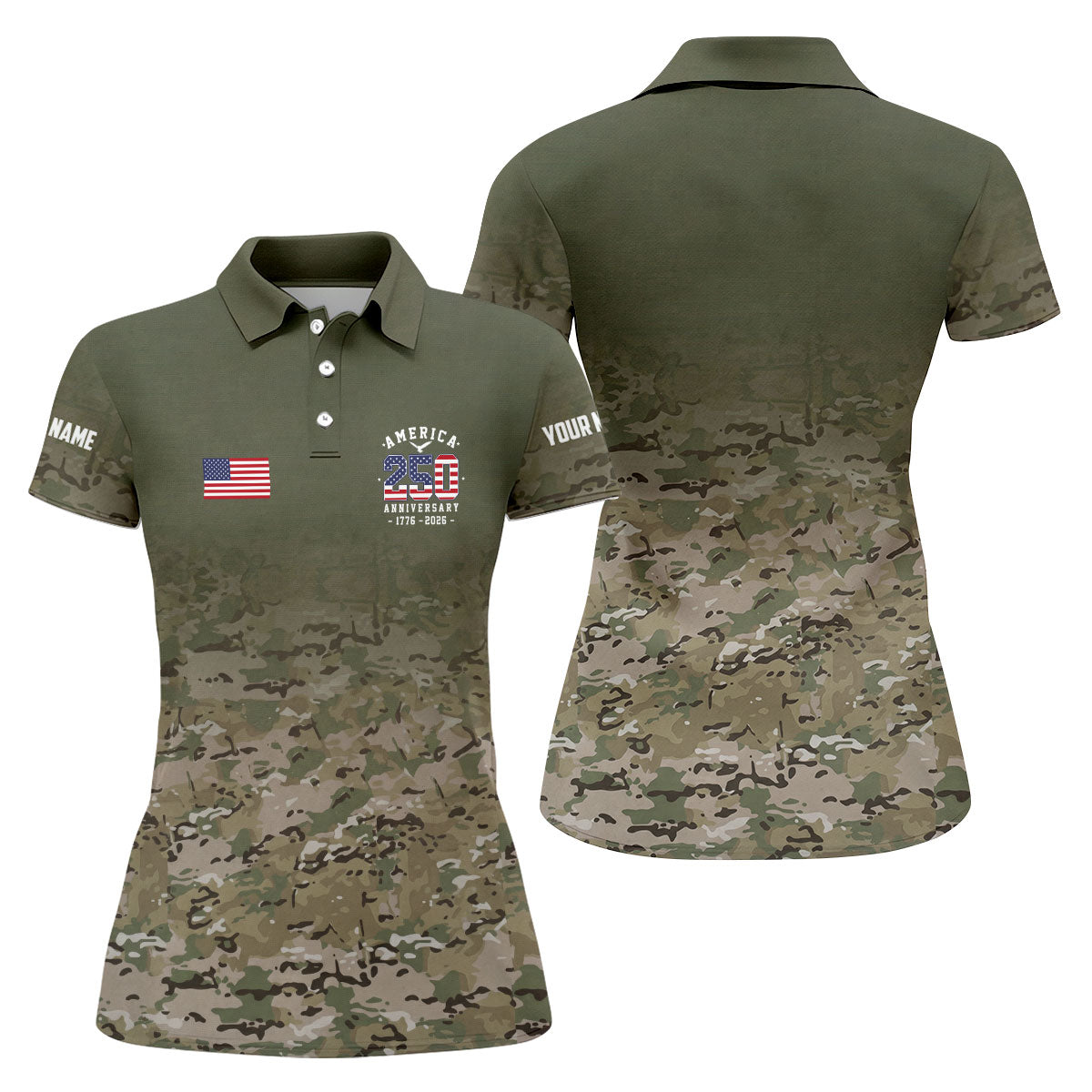 Custom America 250 Military Camo Golf Polo Shirt, Ladies Golf Shirts, Women's Golf Polo